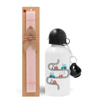 excavator along road, Easter Set, metallic aluminum bottle (500ml) & aromatic flat Easter candle (30cm) (PINK)