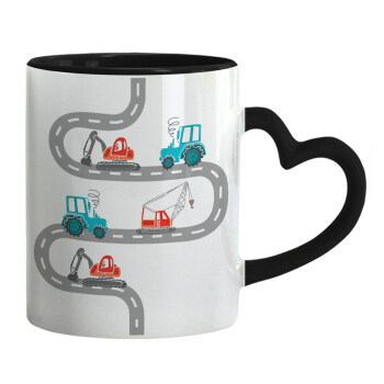 excavator along road, Mug heart black handle, ceramic, 330ml