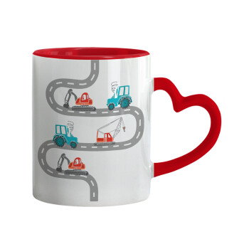 excavator along road, Mug heart red handle, ceramic, 330ml