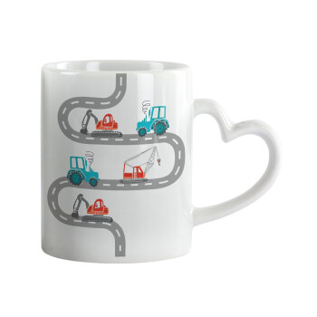 excavator along road, Mug heart handle, ceramic, 330ml