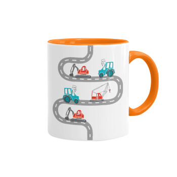 excavator along road, Mug colored orange, ceramic, 330ml