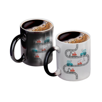 excavator along road, Color changing magic Mug, ceramic, 330ml when adding hot liquid inside, the black colour desappears (1 pcs)