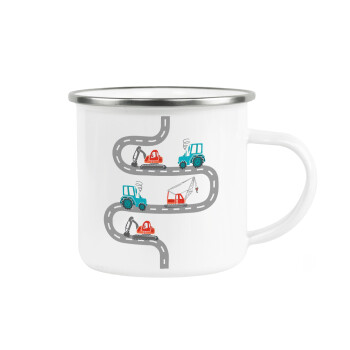 excavator along road, Metallic enamel cup white 360ml