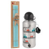 Easter Set, metallic silver aluminum water bottle (500ml) & scented flat Easter candle (30cm) (TURQUOISE)