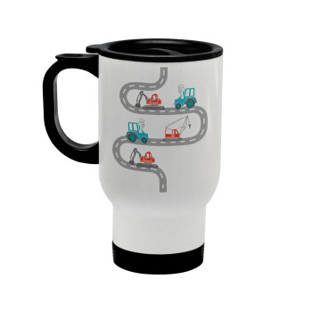 excavator along road, Stainless steel travel mug with lid, double wall white 450ml