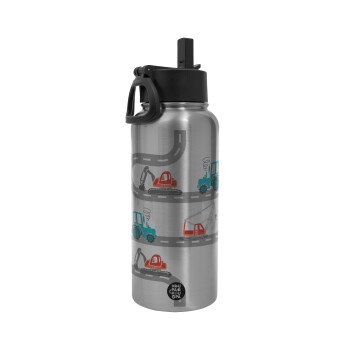 excavator along road, Metal mug thermo Silver with Straw and Spout Lid (Stainless steel), double wall, 950ml