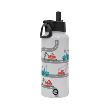 excavator along road, Metal mug thermo White with Straw and Spout Lid (Stainless steel), double wall, 950ml