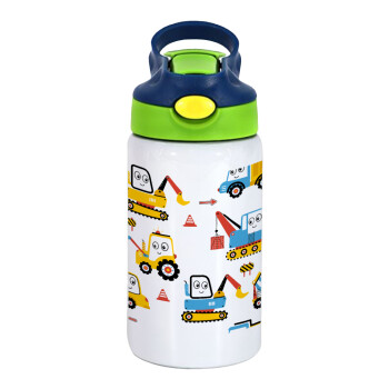 Hand drawing building truck, Children's hot water bottle, stainless steel, with safety straw, green, blue (350ml)