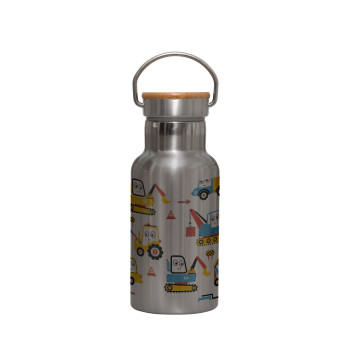 Hand drawing building truck, Stainless steel metallic thermos flask, silver with a bamboo lid, double-walled, 350ml.