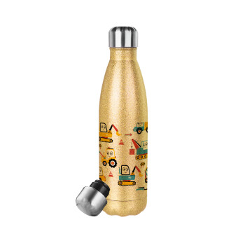 Hand drawing building truck, Glitter gold stainless steel thermos bottle, double-walled, 500ml