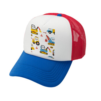 Hand drawing building truck, Καπέλο Ενηλίκων Soft Trucker με Δίχτυ Red/Blue/White (POLYESTER, ΕΝΗΛΙΚΩΝ, UNISEX, ONE SIZE)