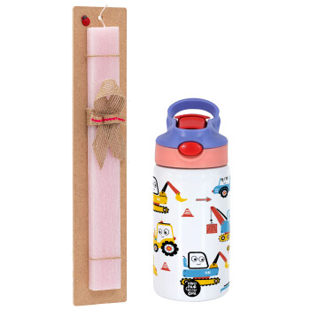 Hand drawing building truck, Easter Set, Children's thermal stainless steel water bottle with safety straw, pink/purple (350ml) & Easter scented flat candle (30cm) (PINK)