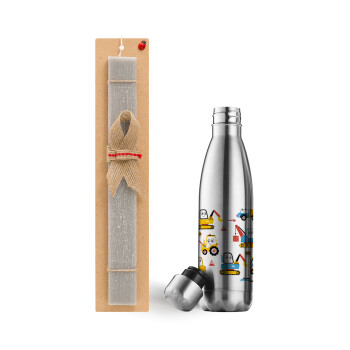 Hand drawing building truck, Easter Set, metallic stainless thermos flask (500ml) & scented flat Easter candle (30cm) (GRAY)