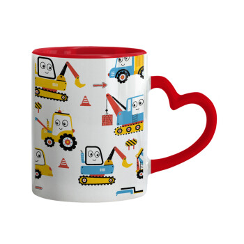 Hand drawing building truck, Mug heart red handle, ceramic, 330ml