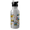 Water bottle Silver with straw, stainless steel 600ml