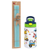 Easter Set, Children's thermal stainless steel bottle with safety straw, green/blue (350ml) & aromatic flat Easter candle (30cm) (TURQUOISE)