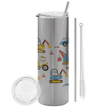 Hand drawing building truck, Tumbler stainless steel Silver 600ml, with metal straw & cleaning brush