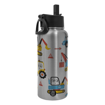 Hand drawing building truck, Metal mug thermo Silver with Straw and Spout Lid (Stainless steel), double wall, 950ml