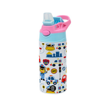 Rescue team cartoon, Children's hot water bottle, stainless steel, with safety straw, Pink/BlueCiel (360ml) BPA FREE