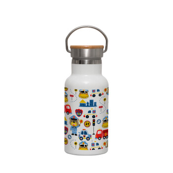 Rescue team cartoon, Metallic thermos (Stainless steel) White with wooden lid (bamboo), double-walled, 350ml