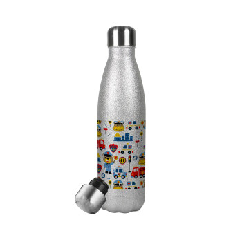 Rescue team cartoon, Metallic Glitter Silver Thermos Flask (Stainless steel), double-walled, 500ml