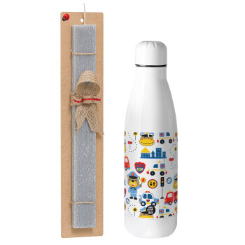 Rescue team cartoon, Easter Set, metallic stainless thermos bottle (500ml) & scented flat Easter candle (30cm) (GRAY)