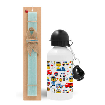 Rescue team cartoon, Easter Set, metallic aluminum water bottle (500ml) & scented flat candle (30cm) (TURQUOISE)