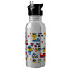 Water bottle Silver with straw, stainless steel 600ml