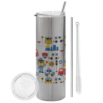 Rescue team cartoon, Tumbler stainless steel Silver 600ml, with metal straw & cleaning brush