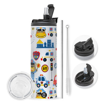 Rescue team cartoon, Travel Tumbler θερμό με διπλό καπάκι, μεταλλικό καλαμάκι και βούρτσα καθαρισμού (Ανωξείδωτο 304 Food grade, BPA free, 600ml)