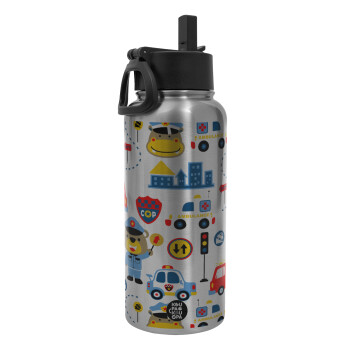 Rescue team cartoon, Metal mug thermo Silver with Straw and Spout Lid (Stainless steel), double wall, 950ml