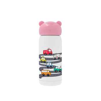 Hand drawn childish set with cars, Pink stainless steel thermal flask, 320ml