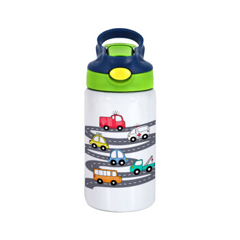 Hand drawn childish set with cars, Children's hot water bottle, stainless steel, with safety straw, green, blue (350ml)