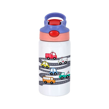 Hand drawn childish set with cars, Children's hot water bottle, stainless steel, with safety straw, pink/purple (350ml)