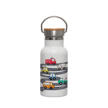 Hand drawn childish set with cars, Metallic thermos (Stainless steel) White with wooden lid (bamboo), double-walled, 350ml