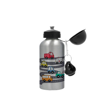 Hand drawn childish set with cars, Metallic water jug, Silver, aluminum 500ml