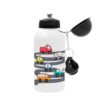 Hand drawn childish set with cars, Metal water bottle, White, aluminum 500ml