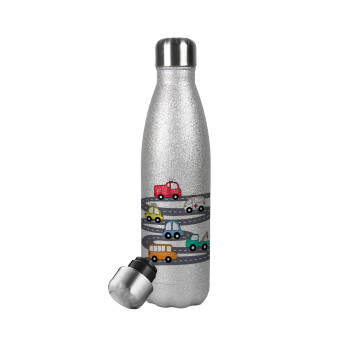 Hand drawn childish set with cars, Metallic Glitter Silver Thermos Flask (Stainless steel), double-walled, 500ml