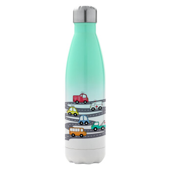 Hand drawn childish set with cars, Metal mug thermos Green/White (Stainless steel), double wall, 500ml