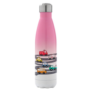Hand drawn childish set with cars, Metal mug thermos Pink/White (Stainless steel), double wall, 500ml
