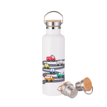 Hand drawn childish set with cars, Stainless steel White with wooden lid (bamboo), double wall, 750ml