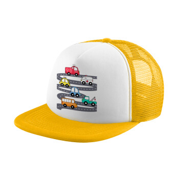 Hand drawn childish set with cars, Adult Soft Trucker Hat with Yellow/White Mesh (POLYESTER, ADULT, UNISEX, ONE SIZE)