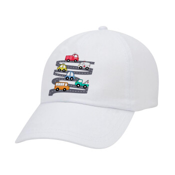 Hand drawn childish set with cars, Adult Baseball Cap White 5-panel (POLYESTER, ADULT, UNISEX, ONE SIZE)