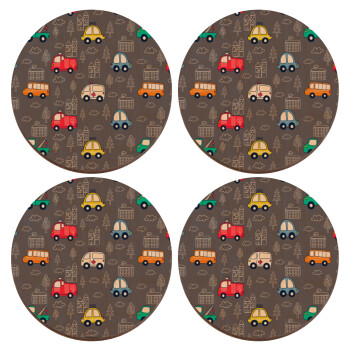 Hand drawn childish set with cars, ΣΕΤ x4 Σουβέρ ξύλινα στρογγυλά plywood (9cm)