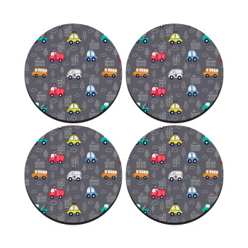 Hand drawn childish set with cars, SET of 4 round wooden coasters (9cm)