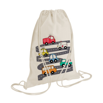 Hand drawn childish set with cars, Backpack bag GYMBAG natural (28x40cm)