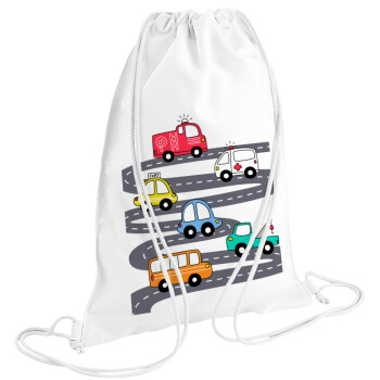 Hand drawn childish set with cars, Backpack pouch GYMBAG white (28x40cm)