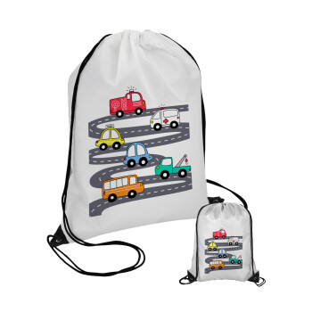 Hand drawn childish set with cars, Pouch bag with black cords (1 piece)