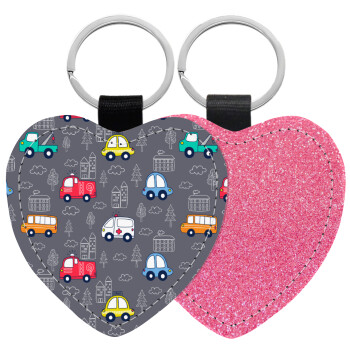 Hand drawn childish set with cars, Μπρελόκ PU δερμάτινο glitter καρδιά ΡΟΖ