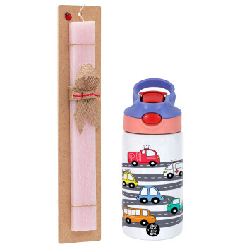 Hand drawn childish set with cars, Easter Set, Children's thermal stainless steel water bottle with safety straw, pink/purple (350ml) & Easter scented flat candle (30cm) (PINK)